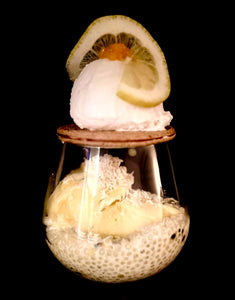 Gourmet dessert with vanilla ice cream, lemon slice garnish and coconut foam served in elegant glass vessel with layered presentation